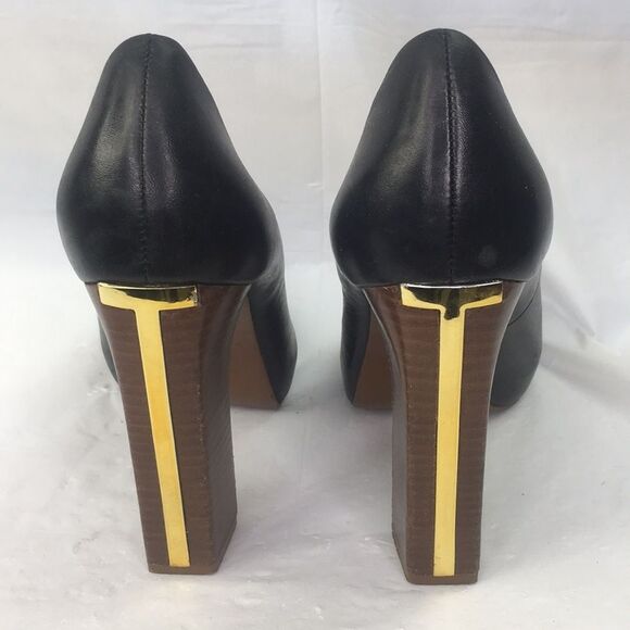 Tory Burch “Cantrell” Black Leather Open Toe Gold Logo T Pump Heels Women Sz 8.5 - Picture 4 of 8
